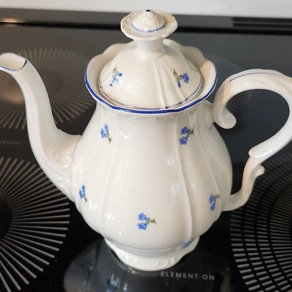 MZ CZECHOSLOVAKIA Vintage white teapot with lid blue ditsy floral